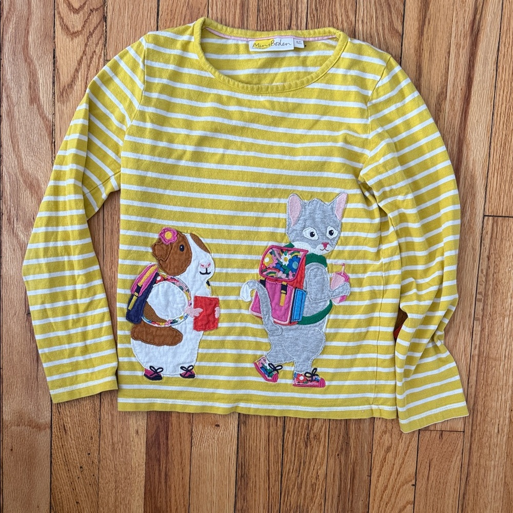 Mini Boden Yellow & White Striped Long-Sleeve Top with Animal Appliqués